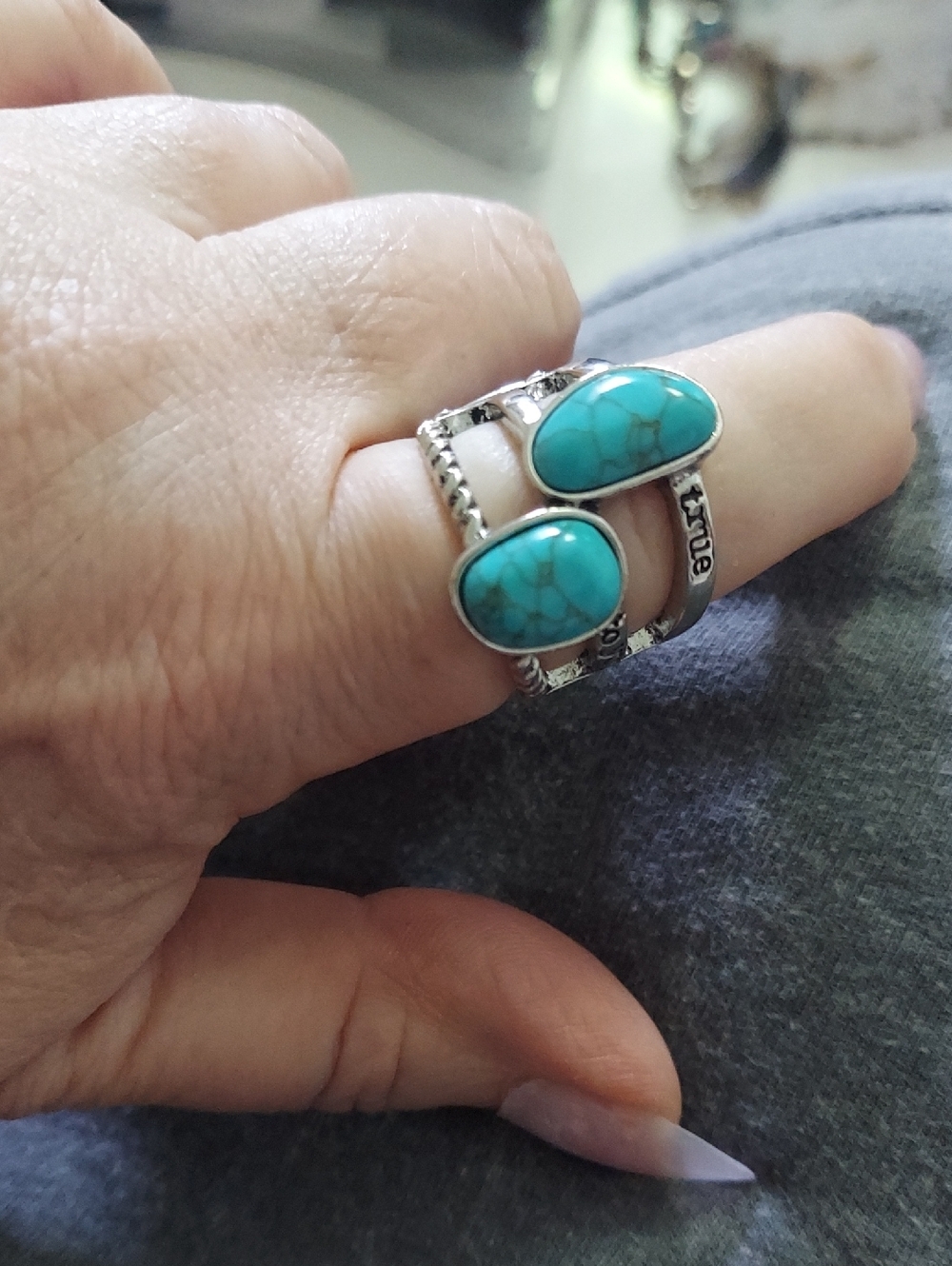 Turquoise Double Stone Open Ring - Silver Tone OS